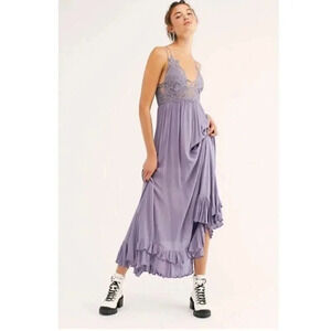 NWT Free People Adella Maxi Slip Dress Long Ruffle Lace Slate Purple Gray XS